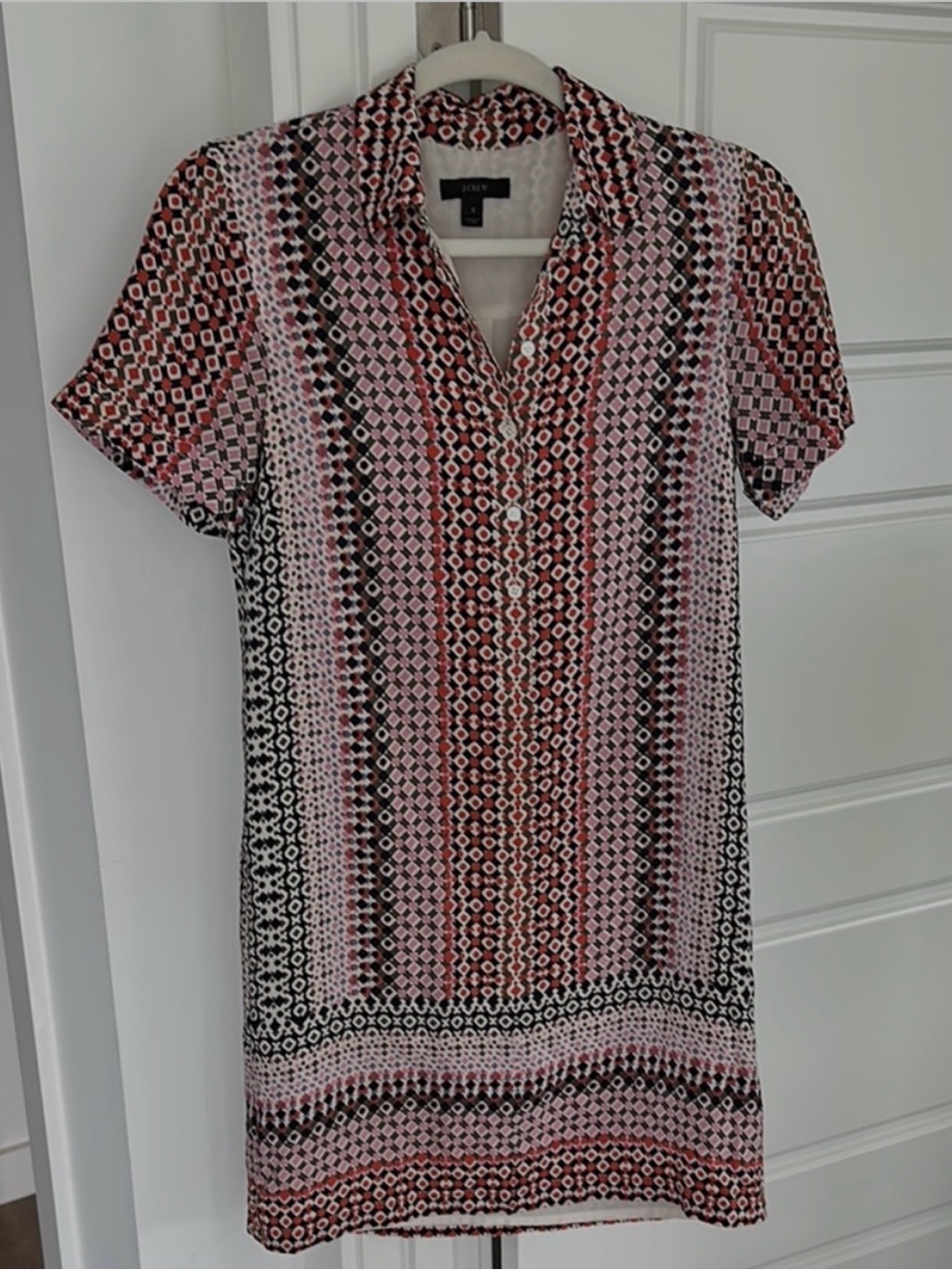 J.Crew 100% Silk Short Sleeve Collared Shirt Dress Geometric Print